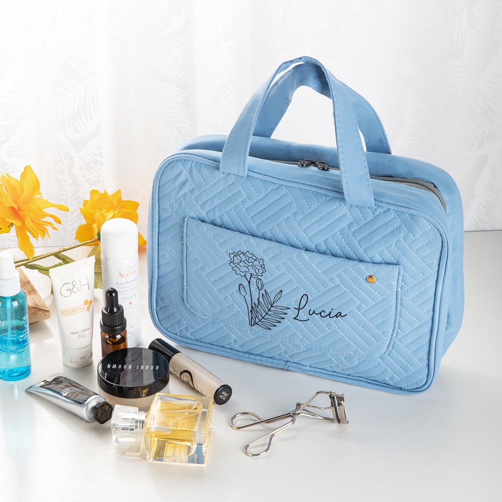 Borsa da toilette personalizzata con quattro scomparti e puoi personalizzare la borsa con il nome e fiore di nascita.