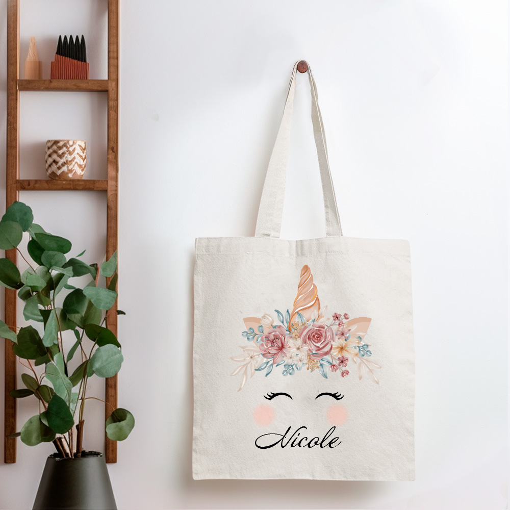 Sac En Toile Personnalisé Broderie Florale - Sac Fourre-tout Nom Personnalisable - Cadeau Pour Maman, Amie, Professeur - Taille Unique