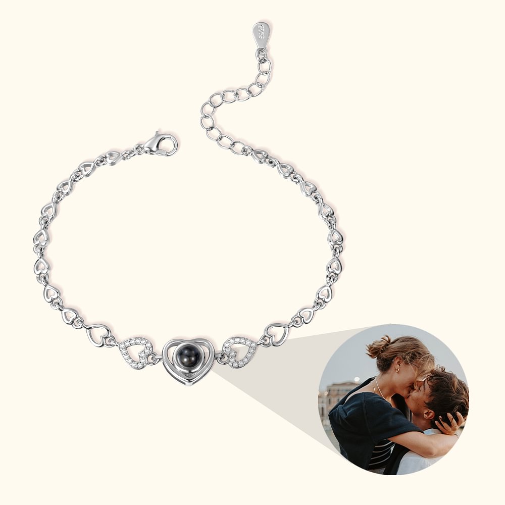 Bracelet en Argent Sterling Personnalisé avec Projection de Photo Je t'aime en 100 Langues Breloque en Forme de Cœur Cadeau d'Anniversaire pour Femme