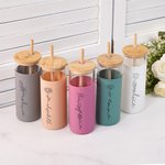 Personalized Birth Flower Name 17oz Glass Tumbler with Silicone Sleeve Engraved Bamboo Lid and Straw Birthday Gift for Her