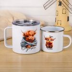 Tasse émaillée personnalisée Baby Highland Cow 10oz & Tumbler 14oz avec nom Cadeau d'anniversaire de pendaison de crémaillère pour les enfants Amoureu