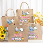Sac en Toile de Jute Motif Lapin Sac Tote Personnalisé avec Nom Cadeau de Chasse aux Oeufs de Pâques pour Enfants