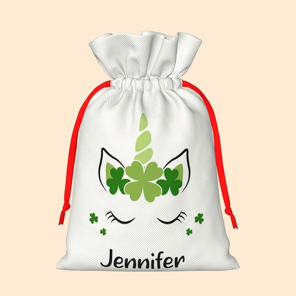 Henkilökohtainen Shamrock yksisarvinen kiristysnauha lahjapussi nimi Irlannin häät suosii Pyhän Patrickin päivä lahja Kid tyttö
