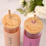 Personalized Birth Flower Name 17oz Glass Tumbler with Silicone Sleeve Engraved Bamboo Lid and Straw Birthday Gift for Her