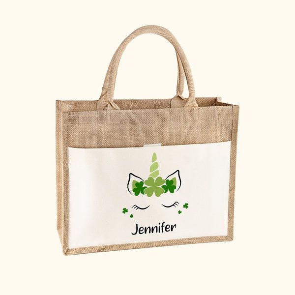 Shamrock Unicorn Jute Tote Bag with Name- St. Patrick's Day