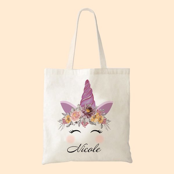 Gepersonaliseerde Leuke Eenhoorn Boeket Canvas Tote Bag met Naam Pasen Verjaardagscadeau voor Meisje