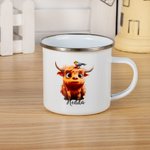 Tasse émaillée personnalisée Baby Highland Cow 10oz & Tumbler 14oz avec nom Cadeau d'anniversaire de pendaison de crémaillère pour les enfants Amoureu