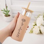 Personalized Birth Flower Name 17oz Glass Tumbler with Silicone Sleeve Engraved Bamboo Lid and Straw Birthday Gift for Her