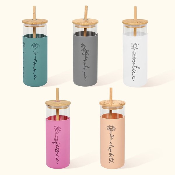 Verre avec Couvercle Paille Personnalisé avec Fleur de Naissance et Nom sur Couvercle Étanche Étui Anti-glissant Cadeau Anniversaire pour Femme