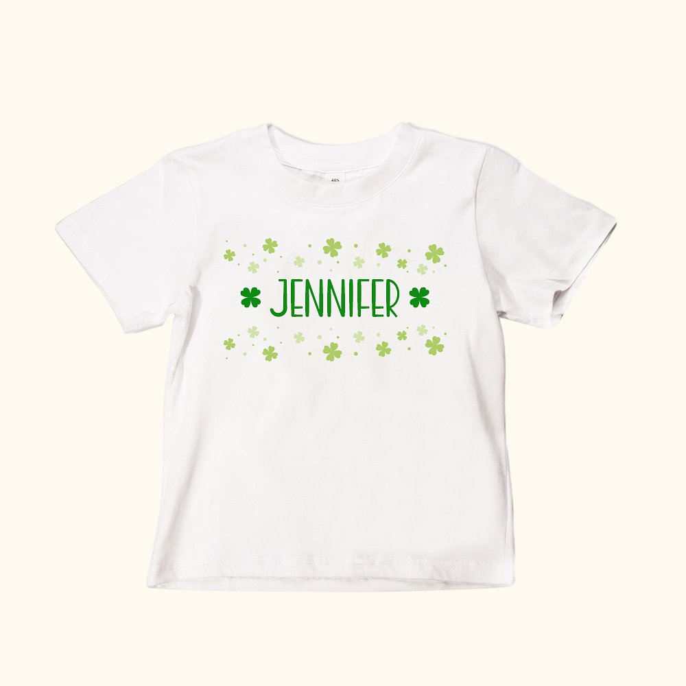 T-shirt pour Enfant Personnalisé avec Nom de Trèfle à Quatre Feuilles Cadeau d'Anniversaire St Patrick pour Enfant