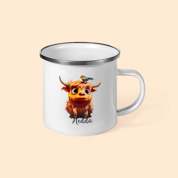 Gepersonaliseerde Baby Highland Cow 10oz emaille mok & 14oz Tumbler met naam Verjaardag Housewarming Gift voor kinderen Cow Lover