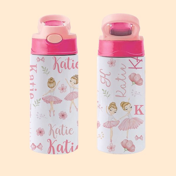 Personalized Pink Name Ballet Girl 12oz Tumbler with Push Button Lid and Silicone Straw Birthday Gift for Ballerina Dance Lover