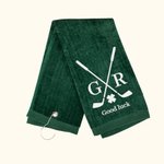 Toalla de Golf Bordada Trébol de Cuatro Hojas de la Suerte con Iniciales y Texto Multicolor 100% Algodón Accesorio Deportivo Regalo para Amante del Go