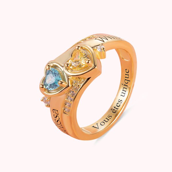 Bague de 2 Coeurs Personnalisée avec Noms et Pierres de Naissance Cadeau d'Anniversaire St Valentin pour Elle Couple