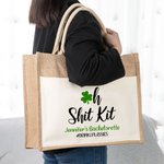 Personalised Oh Shit Kit Four Leaf Clover Shamrock Jute Tote Bag St. Patrick's Day Wedding Bachelorette Party Gift for Girl