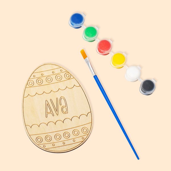 Uovo di Pasqua in legno personalizzato con nome inciso, pennello e vernice, set di oggetti per il cestino di Pasqua, regalo per bambini