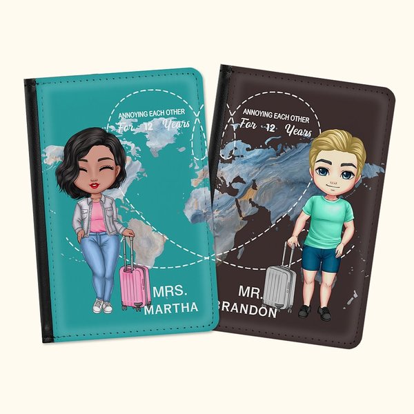 Personalizzato fastidioso l'un l'altro personaggio dei cartoni animati Cover passaporto in pelle PU con nome regalo per la coppia