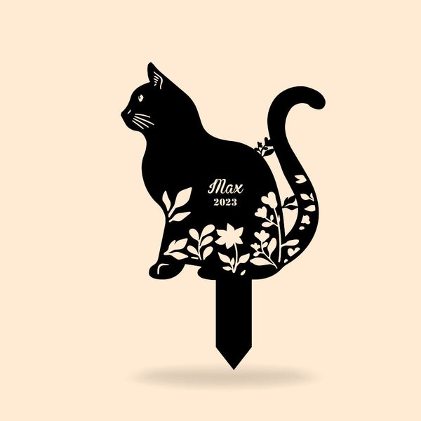 Gepersonaliseerde Roestvrijstalen Bloem Kat Huisdier Grafmarker Tuin Decor met Naam en Datum Herdenkings Cadeaus