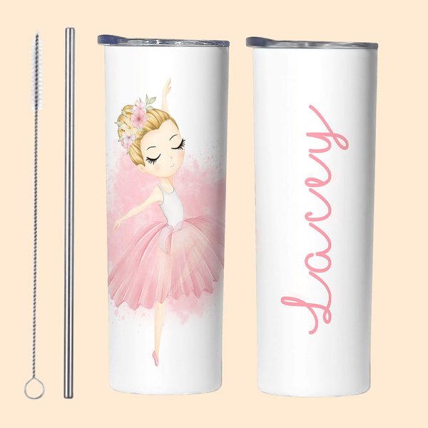 Personalisierte Ballett tanzen Mädchen 20oz Skinny Tumbler rosa Thema Kaffeetasse mit Strohhalm und Reinigungsbürste Geburtstag Geschenk für Ballerina Dance Lover