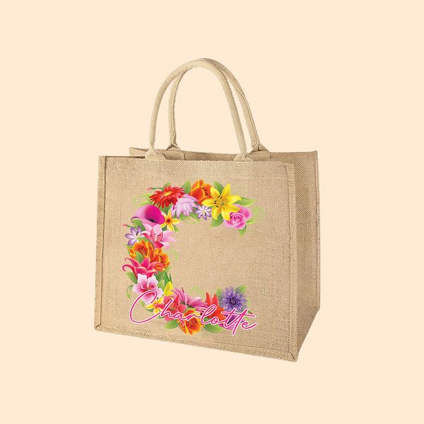 Sac en Toile de Jute Sac Personnalisé avec Nom et Fleurs en Forme d'Initiale Cadeau Mariage Anniversaire Femmes