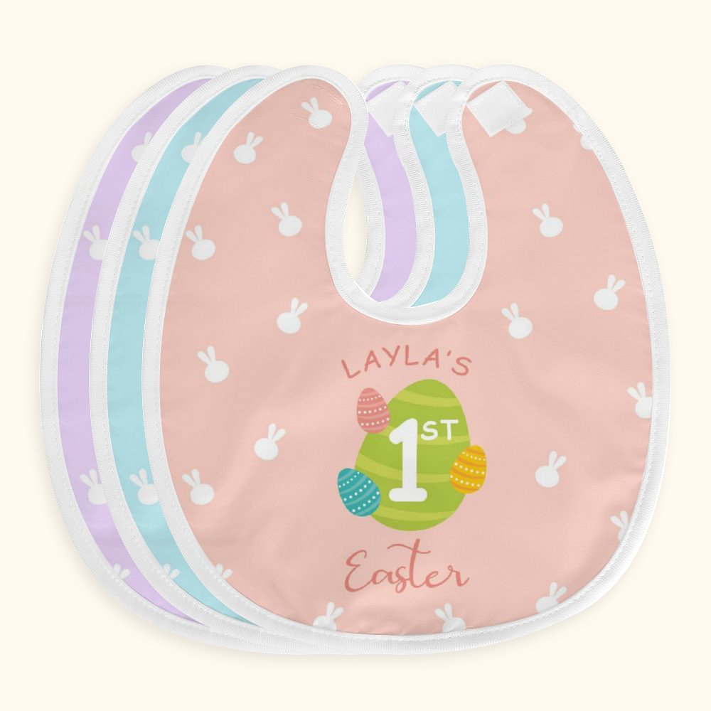 Bavoir Réglable Personnalisé avec Nom Motif Oeuf et Lapin Accessoire d'Alimentation Imperméable Cadeau de Noël pour Nouveau-né