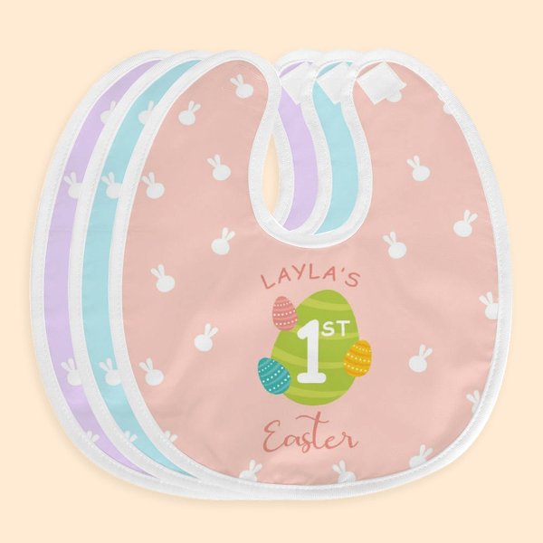 Bavaglino regolabile personalizzato per la prima Pasqua con nome ed elementi di uova di coniglio, accessorio impermeabile per l'alimentazione, regalo 