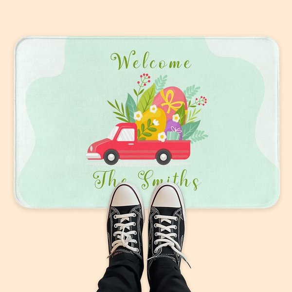 Camion rouge personnalisé avec œufs de Pâques Nom de famille Tapis de porte imperméable antidérapant Cadeau de Pâques pour la famille