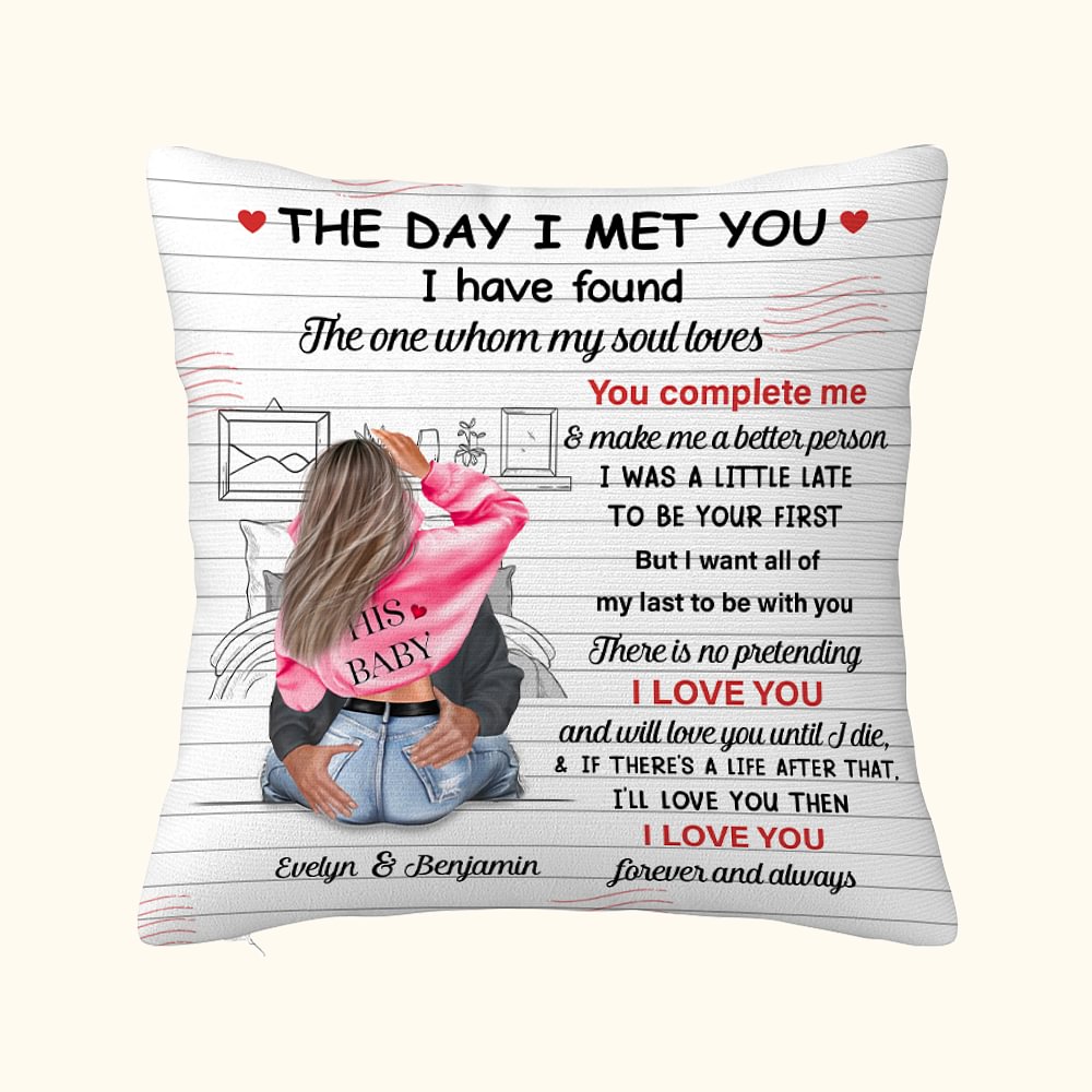 Couvre oreiller personnalisé The Day I Met You Cozy Bed Design Cadeau d'anniversaire de la Saint-Valentin pour couple