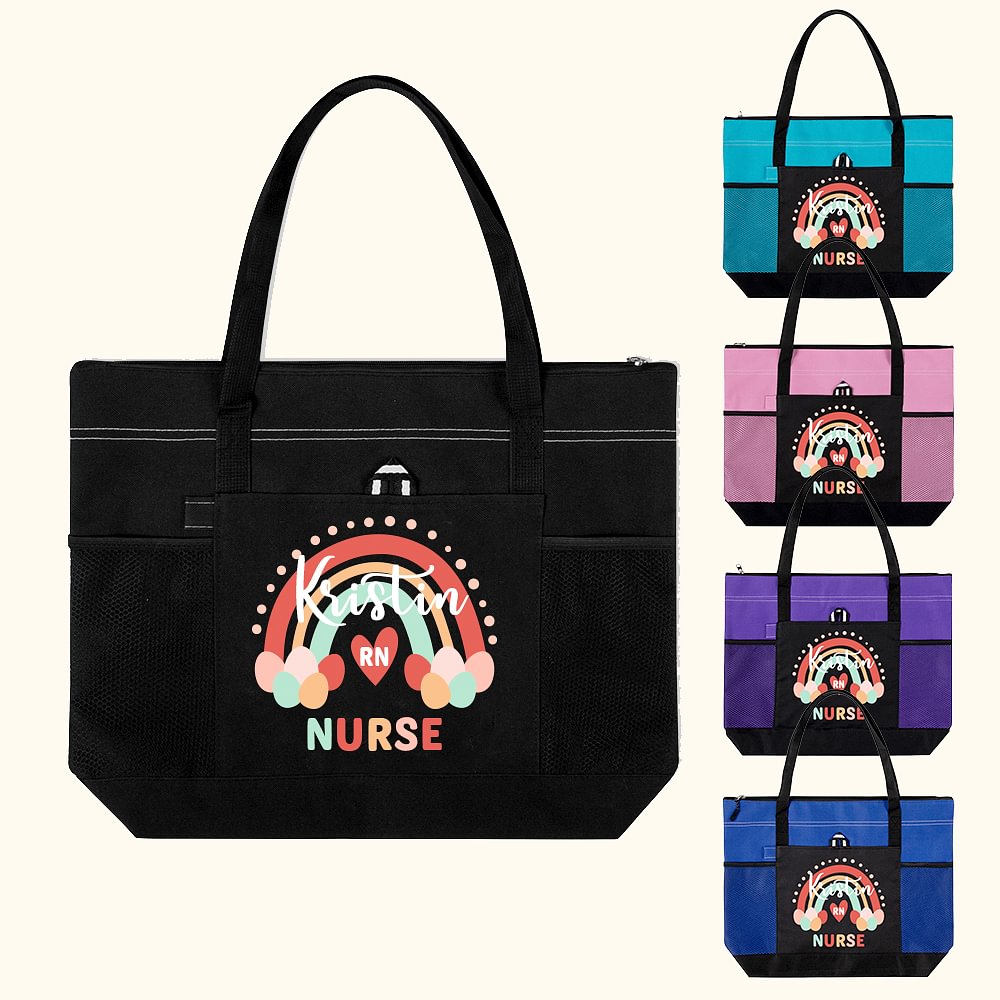 Sac en Toile Personnalisé avec Nom Sac de Grande Capacité à Motif Arc-en-Ciel Cadeau de Semaine Nationale des Soins Infirmiers