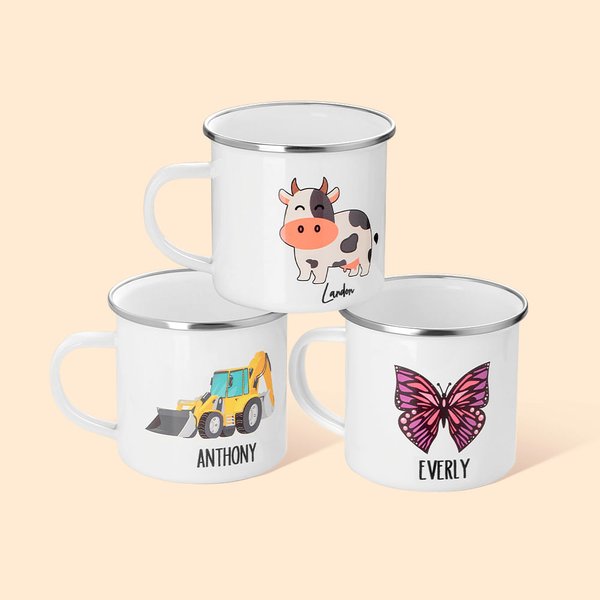 Mug Émaillé Personnalisé avec Nom et Motif de Dessin Animé Cadeau Anniversaire pour Enfants