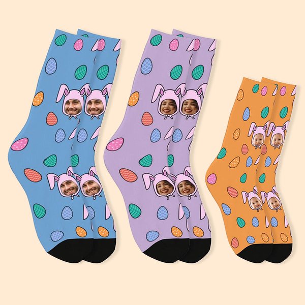 Chaussettes Personnalisées avec Photo Chausettes à Motif d'Oreilles du Lapin et Œufs Cadeau Anniversaire Pâques pour Famille Enfant