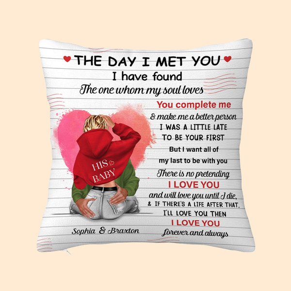 Personalizzato The Day I Met You Watercolor Heart Design Throw Pillow Cover Regalo di San Valentino per l'Anniversario di Lui Lei