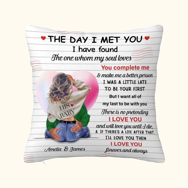 Personalizzato Il giorno in cui ti ho incontrato Cuore rosa Design Cuscino da lancio Regalo di San Valentino Anniversario per la coppia