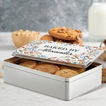 Personalizado al horno cosido con amor por el nombre de grado de alimentos de metal galleta de costura lata grande de almacenamiento de regalo de cumpleaños para la familia