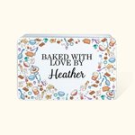 Personalizado al horno cosido con amor por el nombre de grado de alimentos de metal galleta de costura lata grande de almacenamiento de regalo de cumpleaños para la familia