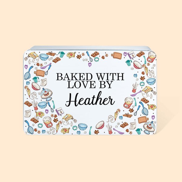 Personalizado al horno cosido con amor por el nombre de grado de alimentos de metal galleta de costura lata grande de almacenamiento de regalo de cumpleaños para la familia