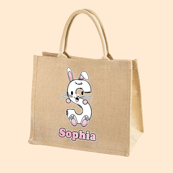 Personalizzato coniglietto pulcino iniziale Jute Tote Bag con nome Carino regalo di Pasqua per la famiglia bambini