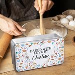 Personalizado al horno cosido con amor por el nombre de grado de alimentos de metal galleta de costura lata grande de almacenamiento de regalo de cumpleaños para la familia