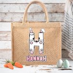 Gepersonaliseerde Bunny Chick Initiaal Jute Draagtas met Naam Schattig Paasvakantiegeschenk voor Familie Kinderen