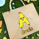 Gepersonaliseerde Bunny Chick Initiaal Jute Draagtas met Naam Schattig Paasvakantiegeschenk voor Familie Kinderen