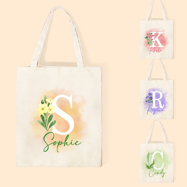 Personalisierte Geburt Blume Canvas Tragetasche mit Namen Hochzeit Geburtstag Einkaufen Geschenk für Frauen