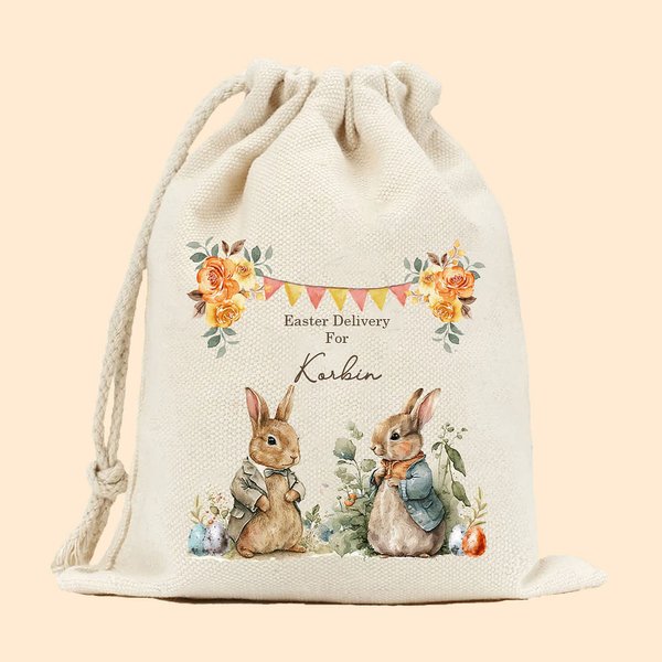 Sac à Cordon Personnalisé avec Nom Jardin de Lapin Cadeau de Pâques pour Enfant