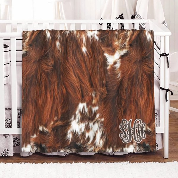 Coperta in pile con stampa di pelliccia di mucca e nome Regalo neonato per la festa del bambino