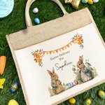 Personalized Cute Easter Garden Bunny Jute Tote Bag with Name Easter Eggs Hunting Gift for Kids