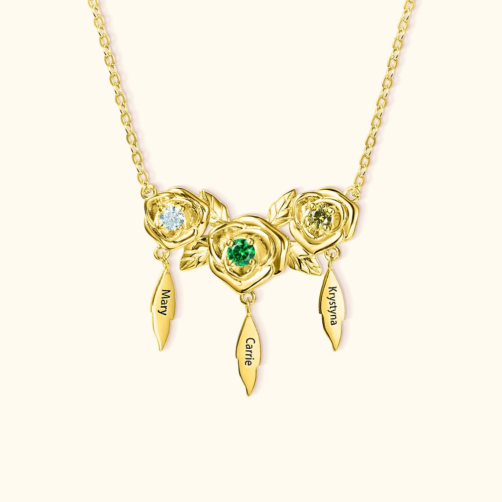 Collier Personnalisé avec Pierre de Naissance et Nom de Breloque Collier de Fleurs Triple Cadeau Anniversaire pour Femme Famille
