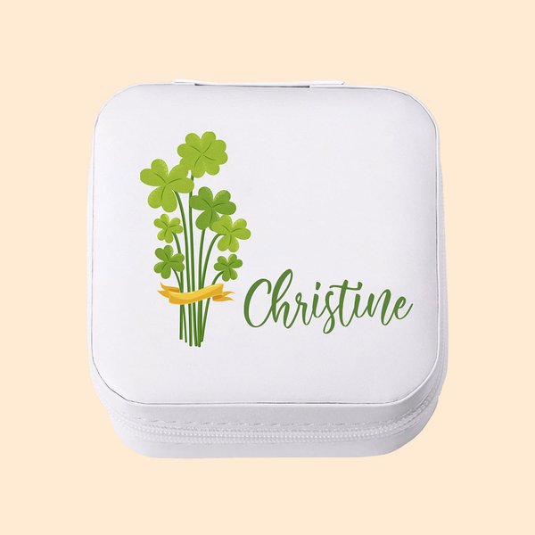 Personalisierte Shamrock Leder Portable Schmuckkoffer mit Namen Geburtstag St. Patrick's Day Geschenk für Frauen
