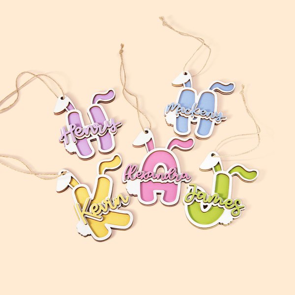 Personalized 3D Easter Bunny Wooden Basket Tag with Initial and Name Gift for Kids