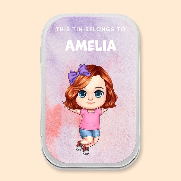 Cartoon Character Keepsake Tin with Name Watercolor Mini Organizer