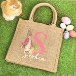 Personalised Peter Rabbit Bunny Jute Tote Bag with Initial and Name Easter Egg Hunt Basket Holiday Gift for Kids