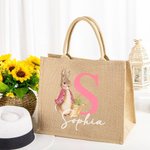 Personalised Peter Rabbit Bunny Jute Tote Bag with Initial and Name Easter Egg Hunt Basket Holiday Gift for Kids